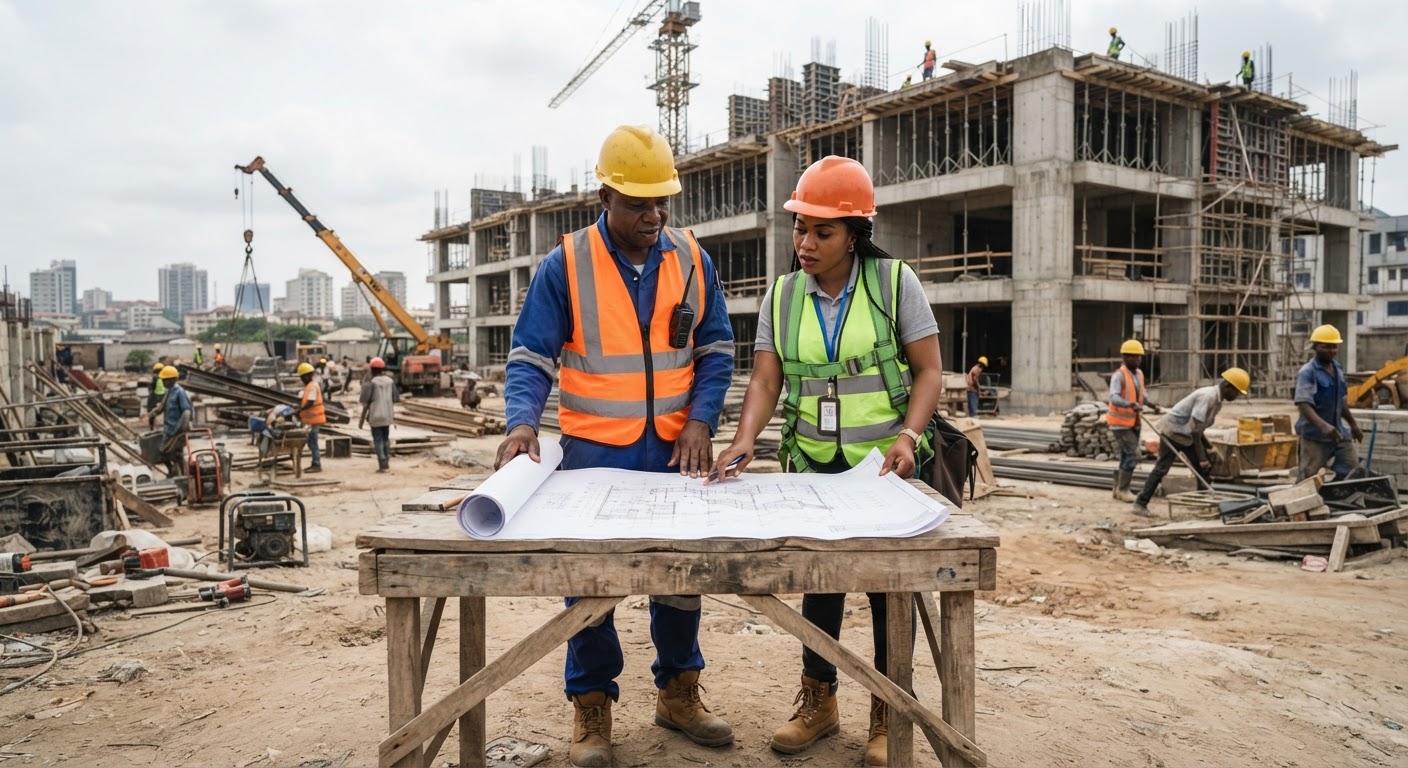 Afafrank Projects team reviewing building plans
